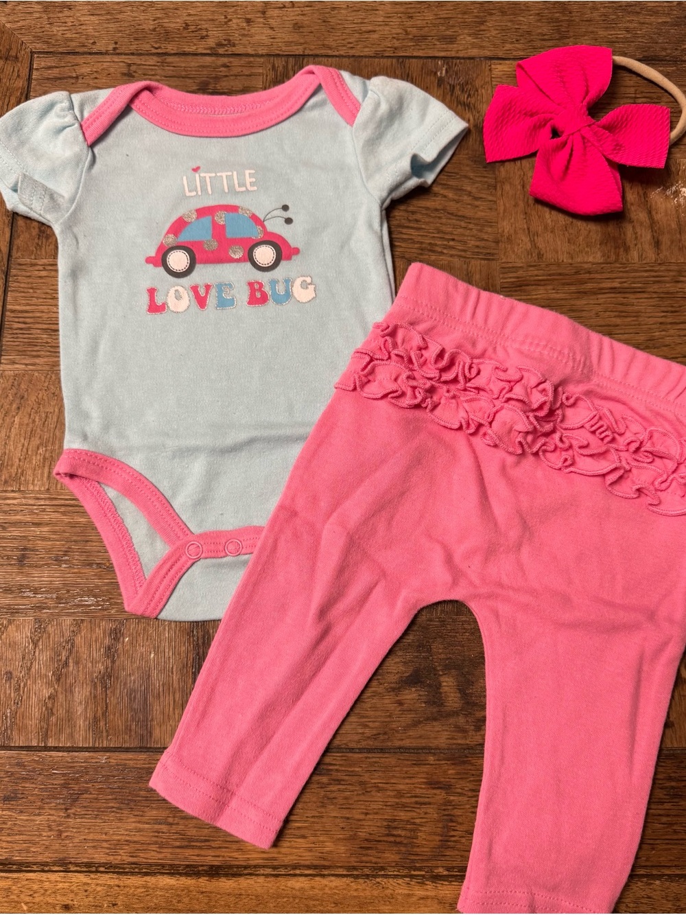 Kidgets Pink & Light Blue Love Bug Outfit with Pink Bow